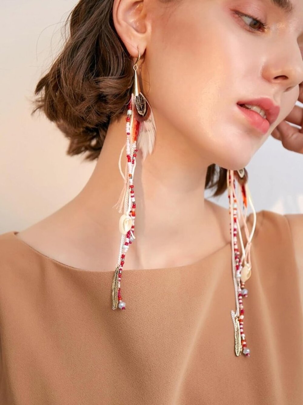 Bohemian Feather Dangle Earrings for Women with Shell Beads Long Tassel Design D - Picture 3 of 9